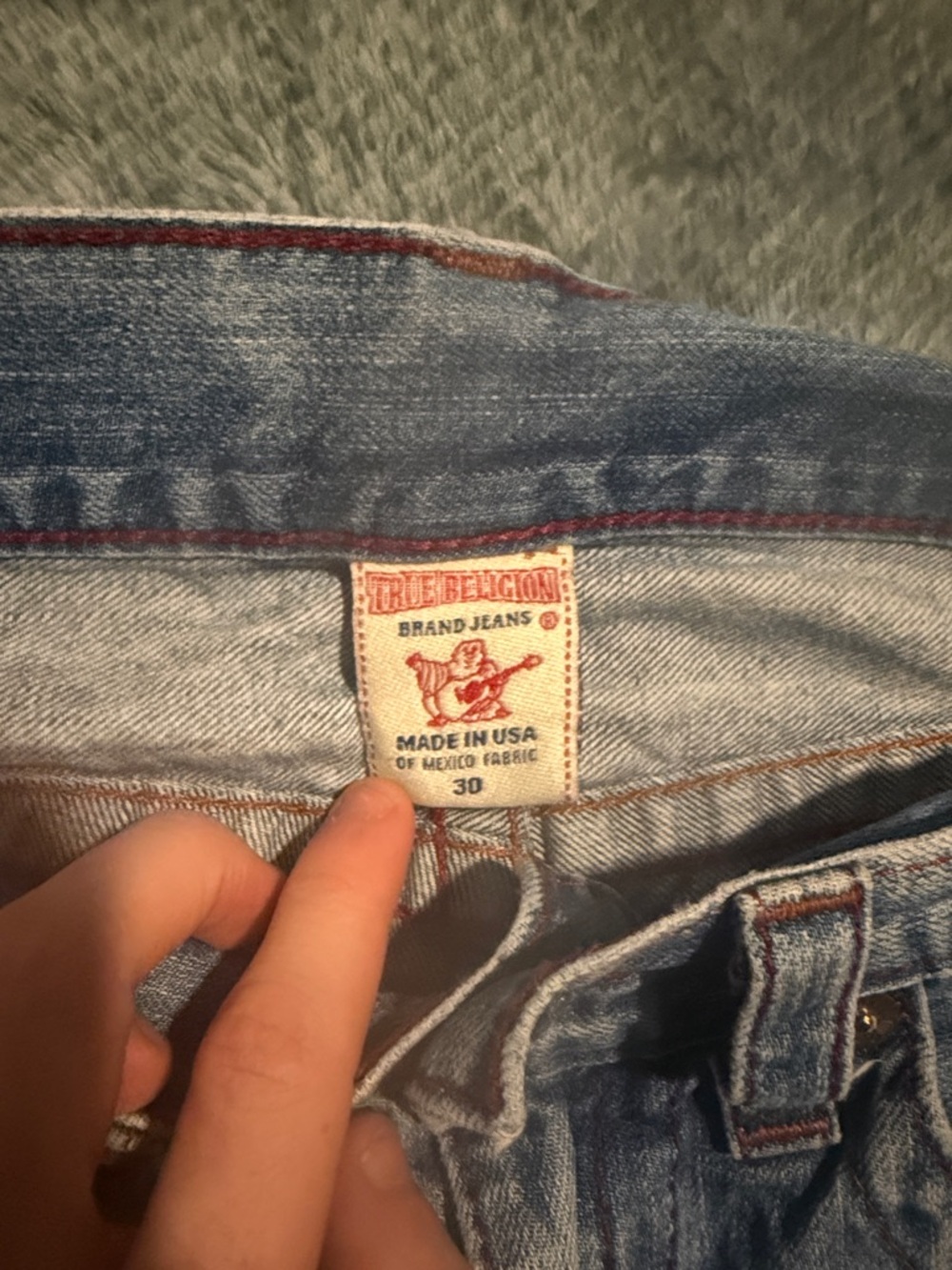 True Religion “World Tour” Men's Straight Jeans Light Blue Wash Red/Brown Stitch - Picture 2 of 8